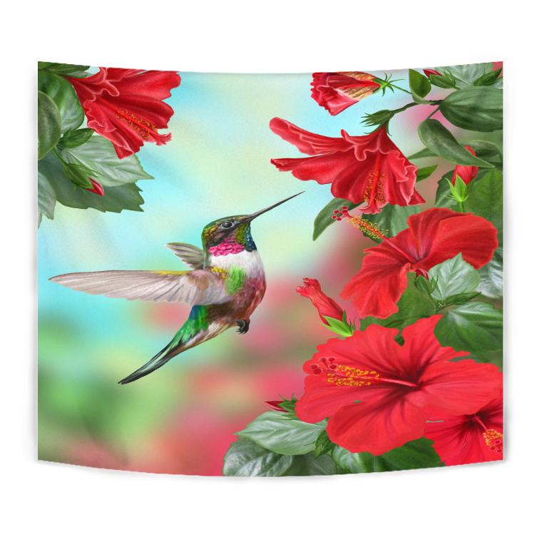 Hawaii Hummingbird Red Hibiscus Tapestry - AH Wall Tapestry Red - Polynesian Pride