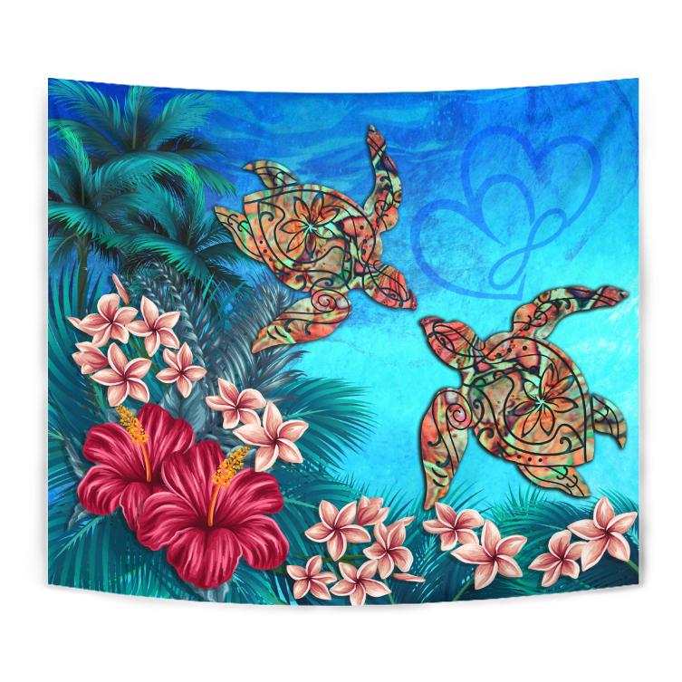Hawaii Turtle Hibiscus Sea Tapestry - Ocean Of Love - AH Wall Tapestry Blue - Polynesian Pride
