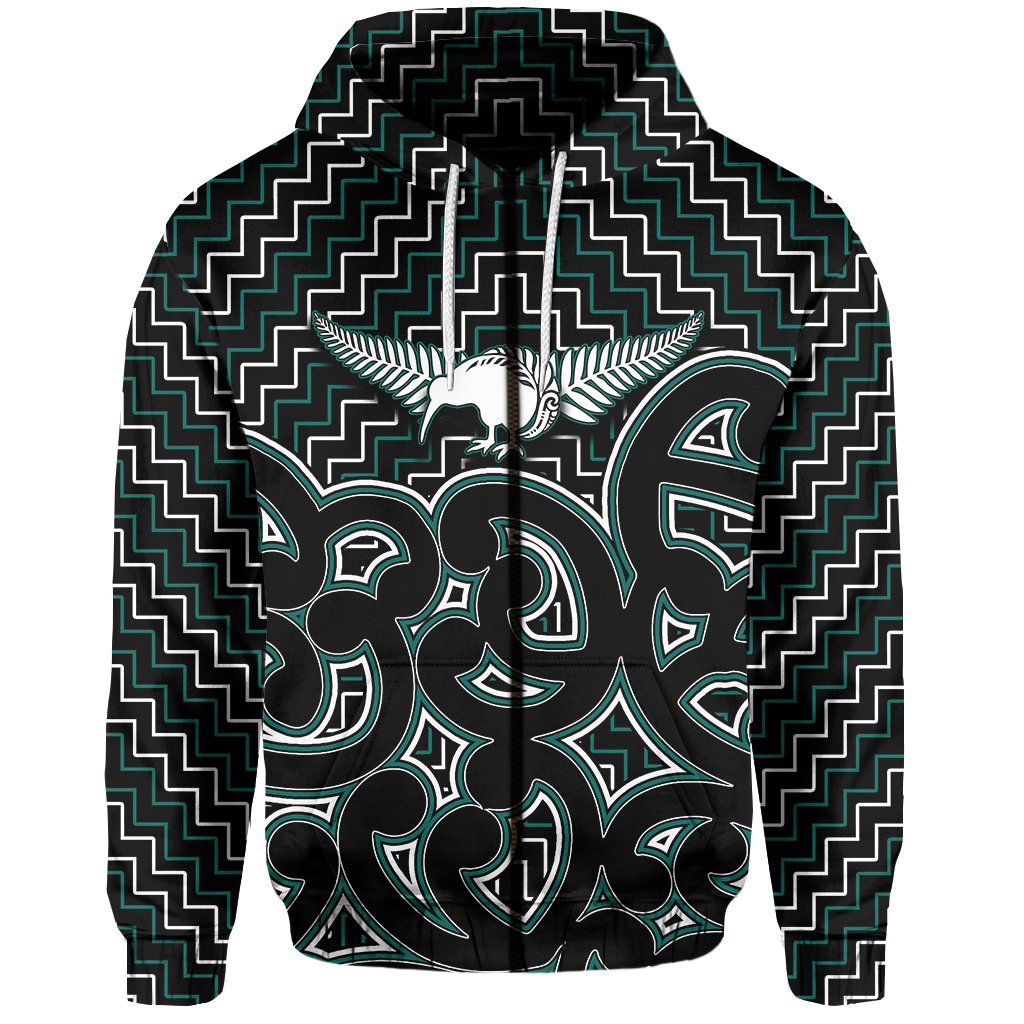 New Zealand Zip Hoodie Maori Graphic Tee patterns Green LT6 Unisex Green - Polynesian Pride