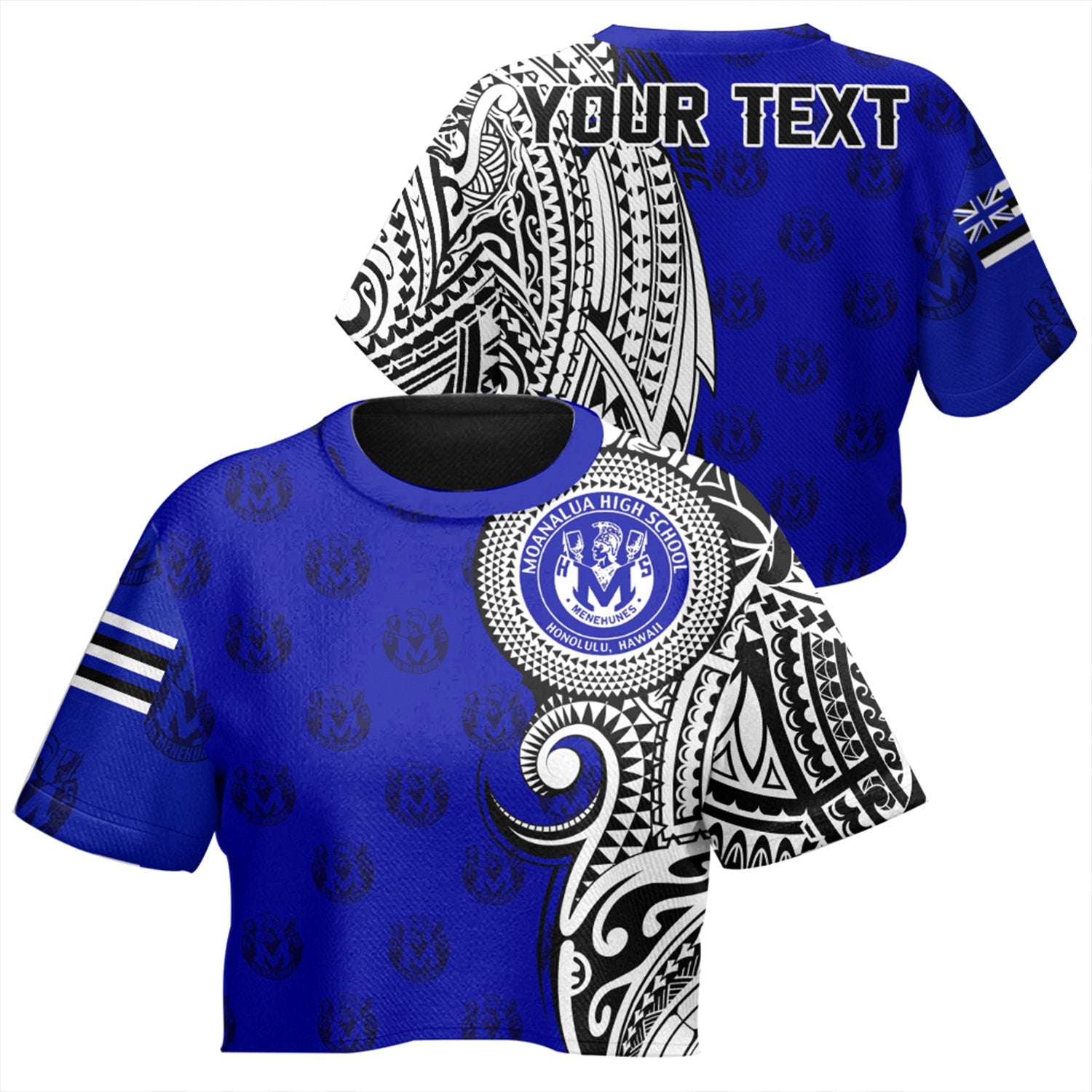 (Personalised) Hawaii - Moanalua High Tribal Kakau All - over Print Crop Top T-shirt AH Female Blue - Polynesian Pride