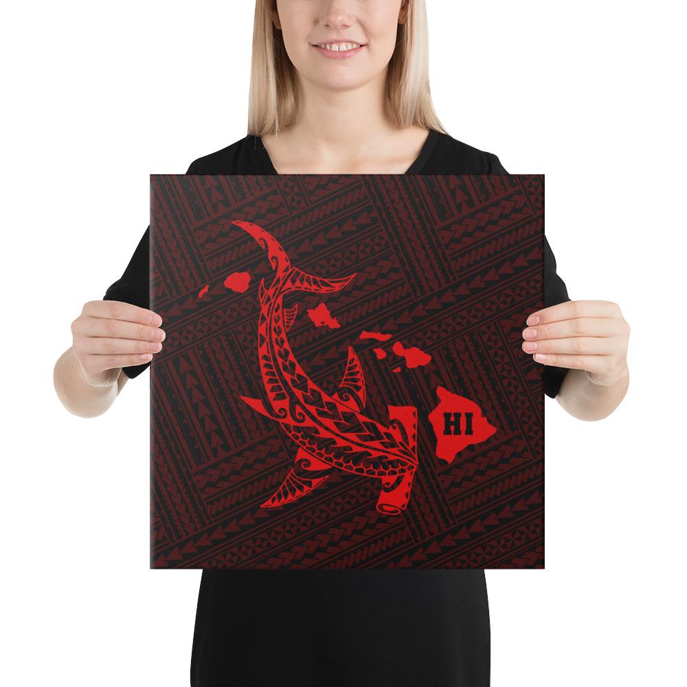 Hawaiian Map Hammerhead Shark Polynesian Canvas Red 16x16 Canvas Red - Polynesian Pride