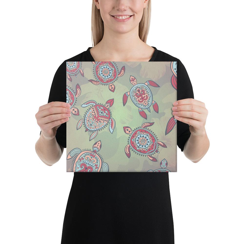 Turtle Colorful Hibiscus Backgorund Canvas 12x12 Canvas White - Polynesian Pride