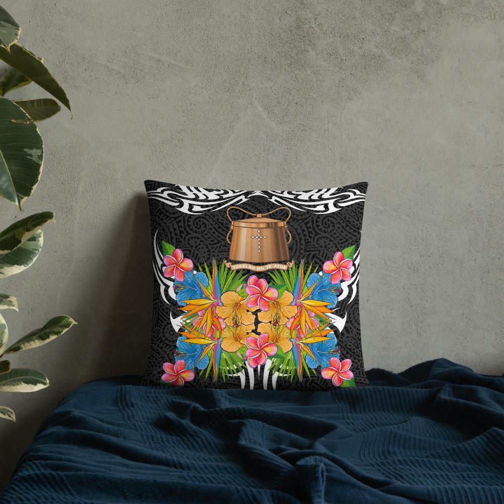 Tokelau Pillow - Coat Of Arms With Tropical Flowers 18×18 Black Pillow - Polynesian Pride