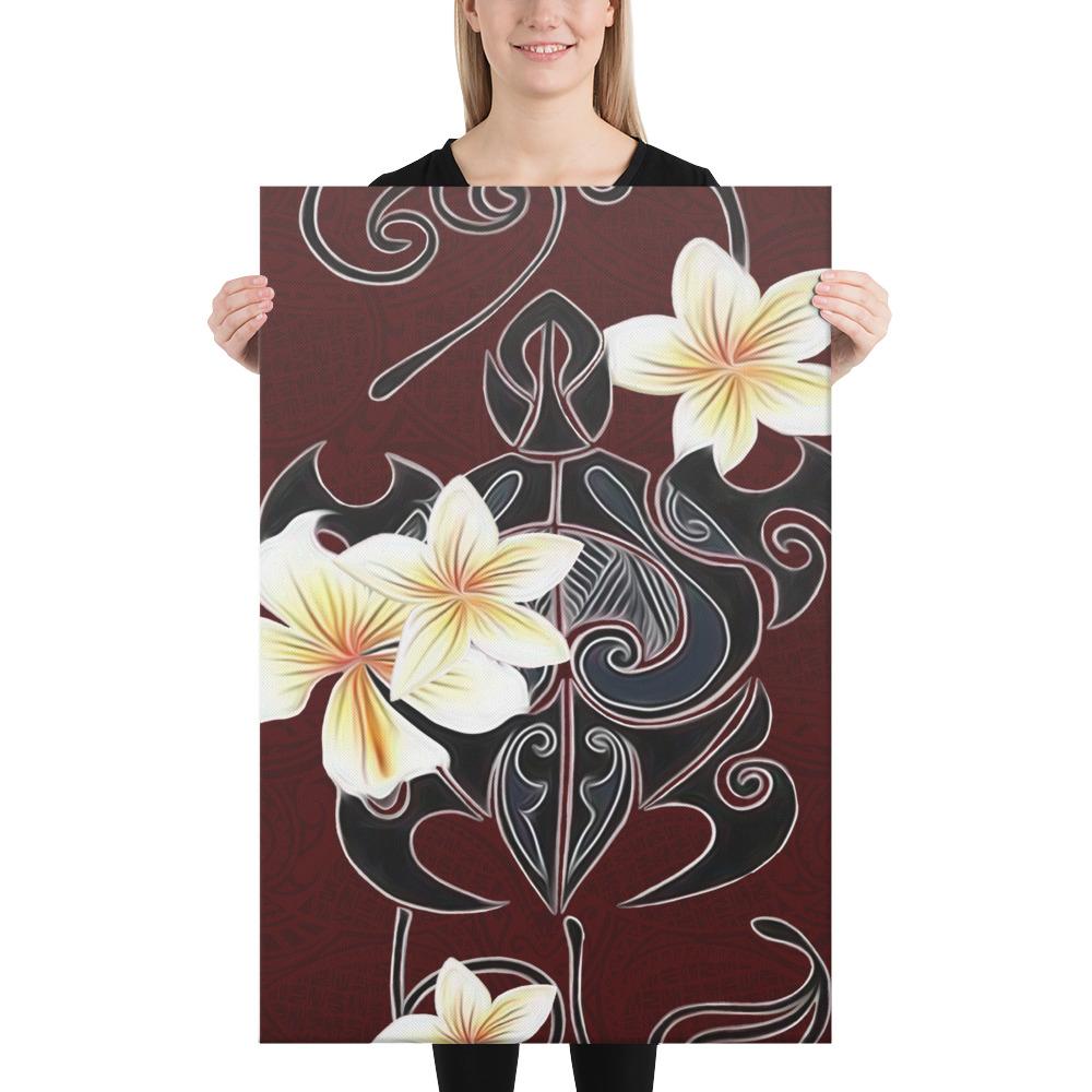 Turtle Poly Trinal Plumeria Red Canvas 24x36 Canvas Red - Polynesian Pride