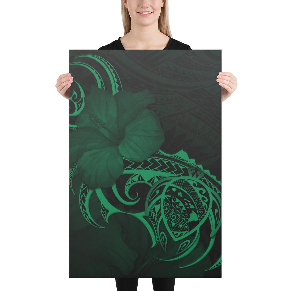 Hawaii Map Turtle Hibiscus Divise Polynesian Green Canvas 24x36 Canvas Green - Polynesian Pride