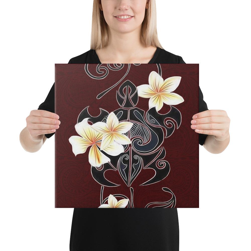 Turtle Poly Trinal Plumeria Red Canvas 16x16 Canvas Red - Polynesian Pride