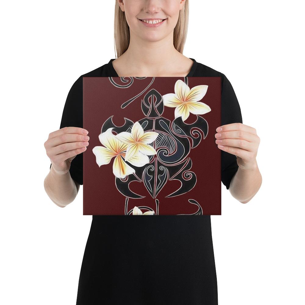 Turtle Polynesian Trinal Plumeria Red Canvas 12x12 Canvas Red - Polynesian Pride
