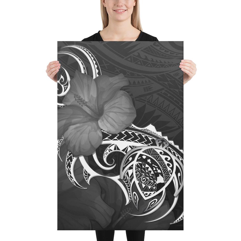 Hawaii Map Turtle Hibiscus Divise Polynesian White Canvas 24x36 Canvas White - Polynesian Pride