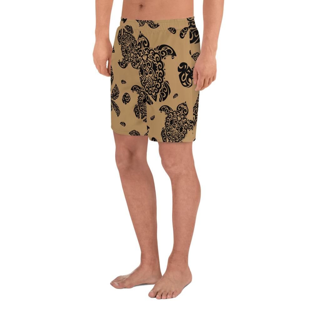 Polynesian Turtle Palm And Sea Pebbles Gold Men's Athletic Long Shorts - Polynesian Pride