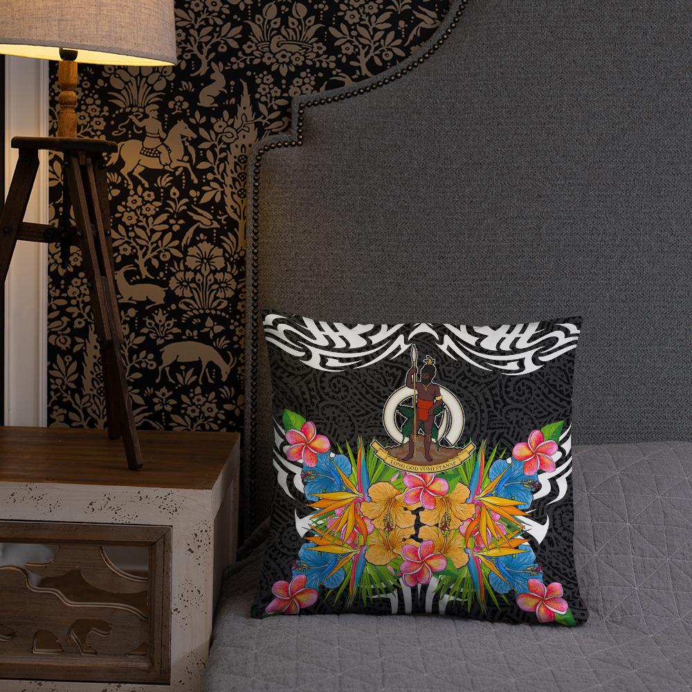 Vanuatu Pillow - Coat Of Arms With Tropical Flowers - Polynesian Pride