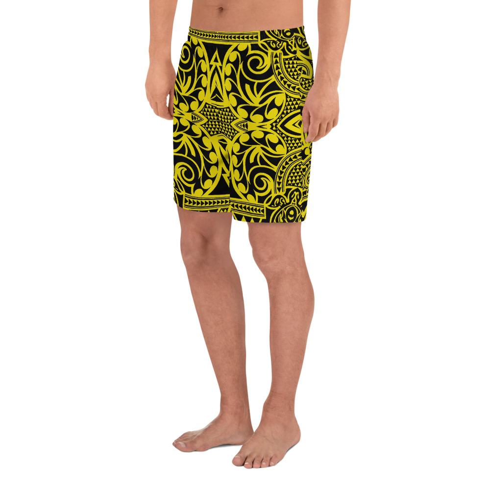 Polynesian Kakau Turtle Yellow Men's Athletic Long Shorts - Polynesian Pride