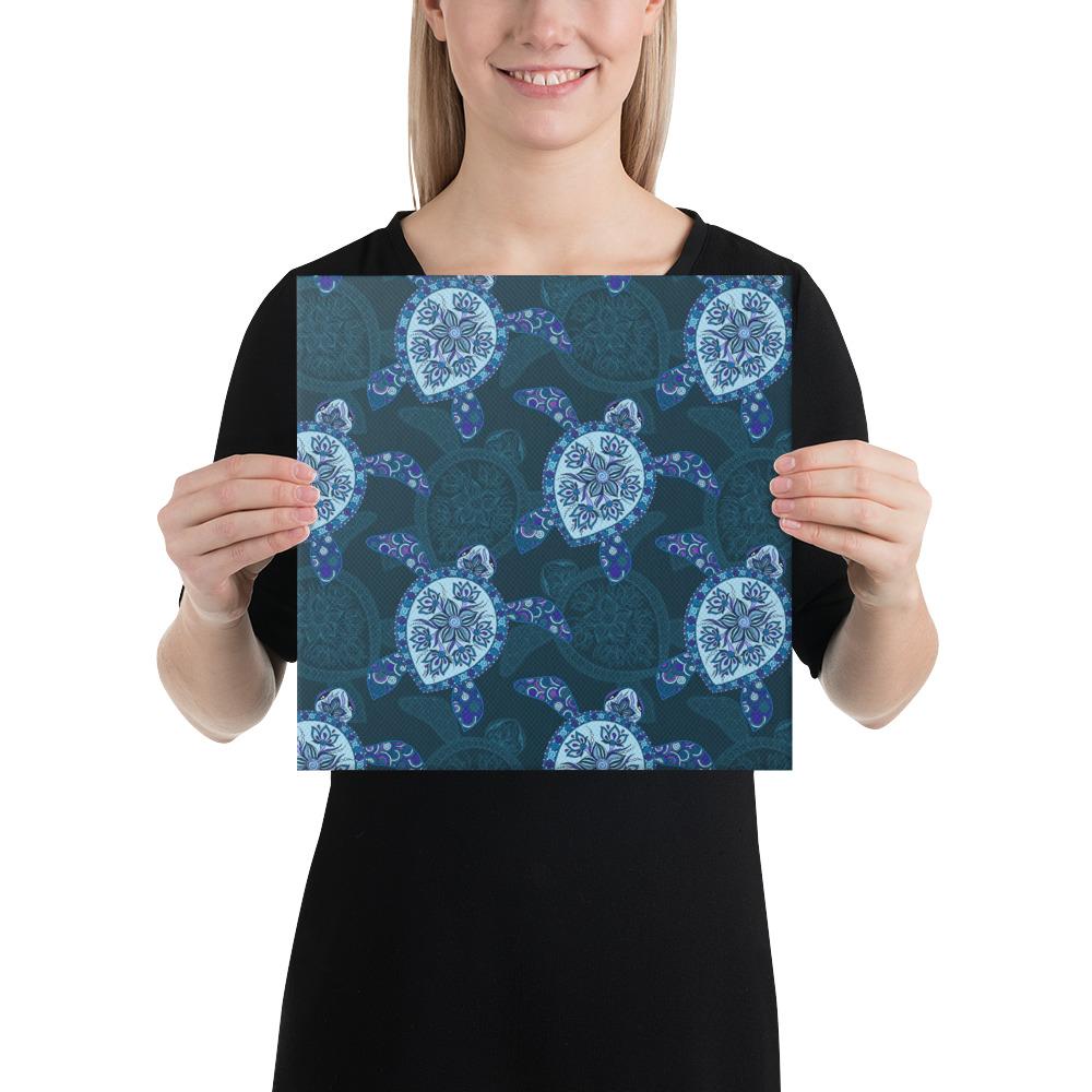 Turtle Plumeria Blue Canvas 12x12 Canvas Blue - Polynesian Pride
