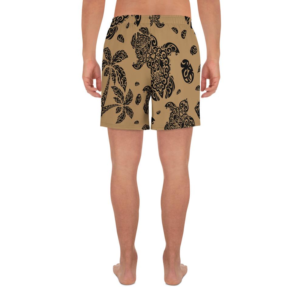 Polynesian Turtle Palm And Sea Pebbles Gold Men's Athletic Long Shorts - Polynesian Pride