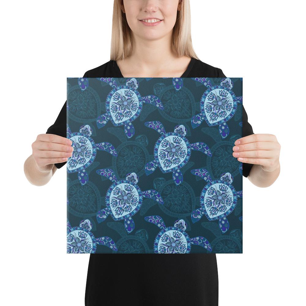 Turtle Plumeria Blue Canvas 16x16 Canvas Blue - Polynesian Pride