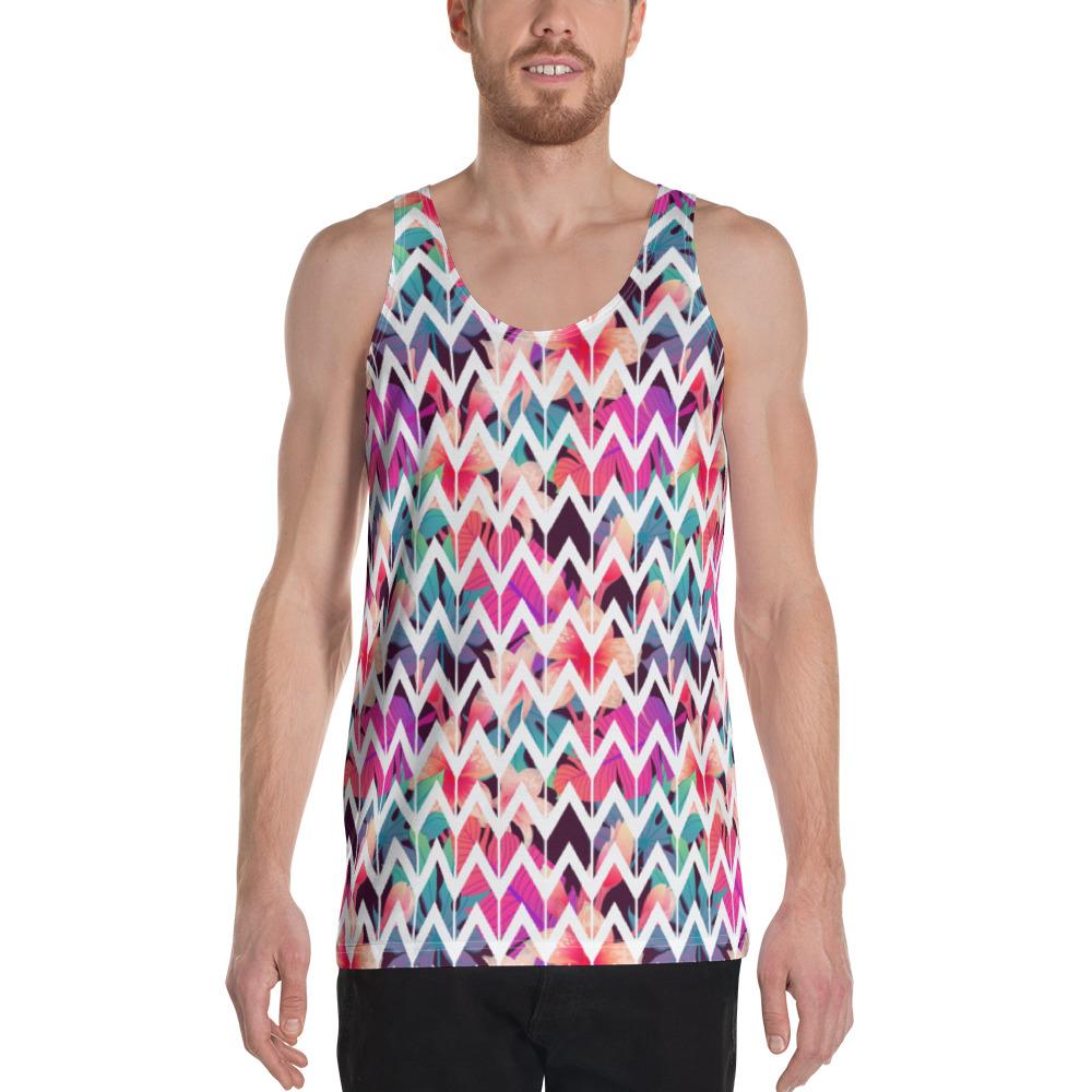 Palm Foliage On Striped Zigzag Hawaii Men's Tank Top AH White - Polynesian Pride