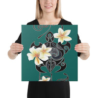 Turtle Poly Trinal Plumeria Turquoise Canvas 16x16 Canvas Turquoise - Polynesian Pride