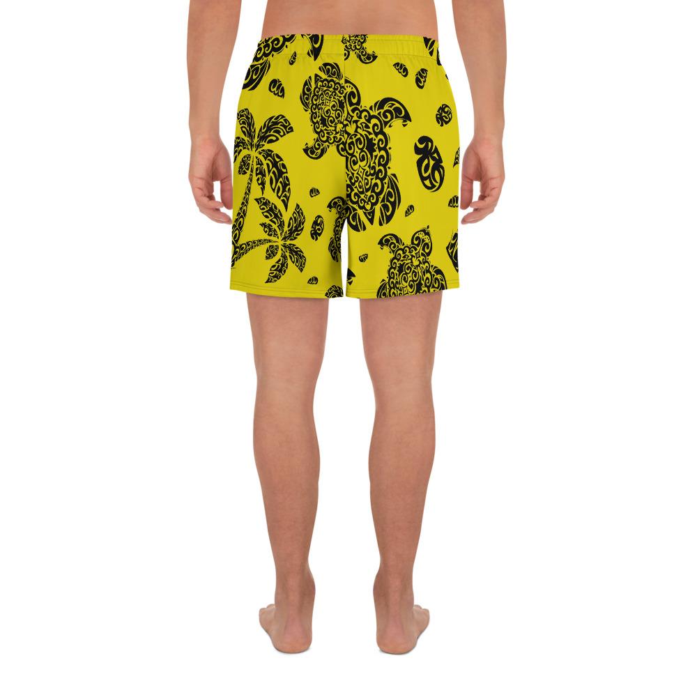 Polynesian Turtle Palm And Sea Pebbles Yellow Men's Athletic Long Shorts - Polynesian Pride