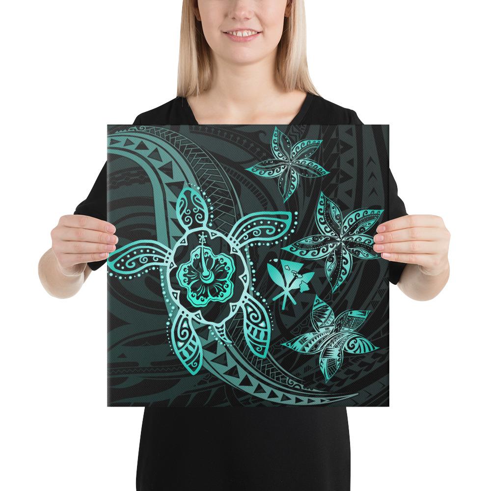 Kanaka Map Hibiscus Plumeria Turtle Art Turquoise Polynesian Canvas 16x16 Canvas Turquoise - Polynesian Pride