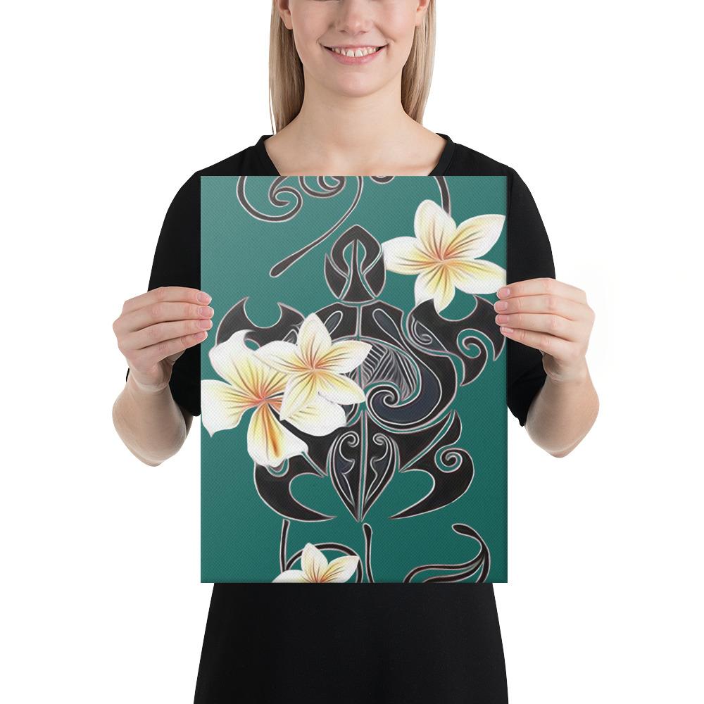 Turtle Poly Trinal Plumeria Turquoise Canvas 12x16 Canvas Turquoise - Polynesian Pride