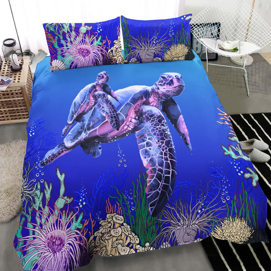 Polynesian Bedding Set - Mother Turtle And Baby Turtle Blue - Polynesian Pride