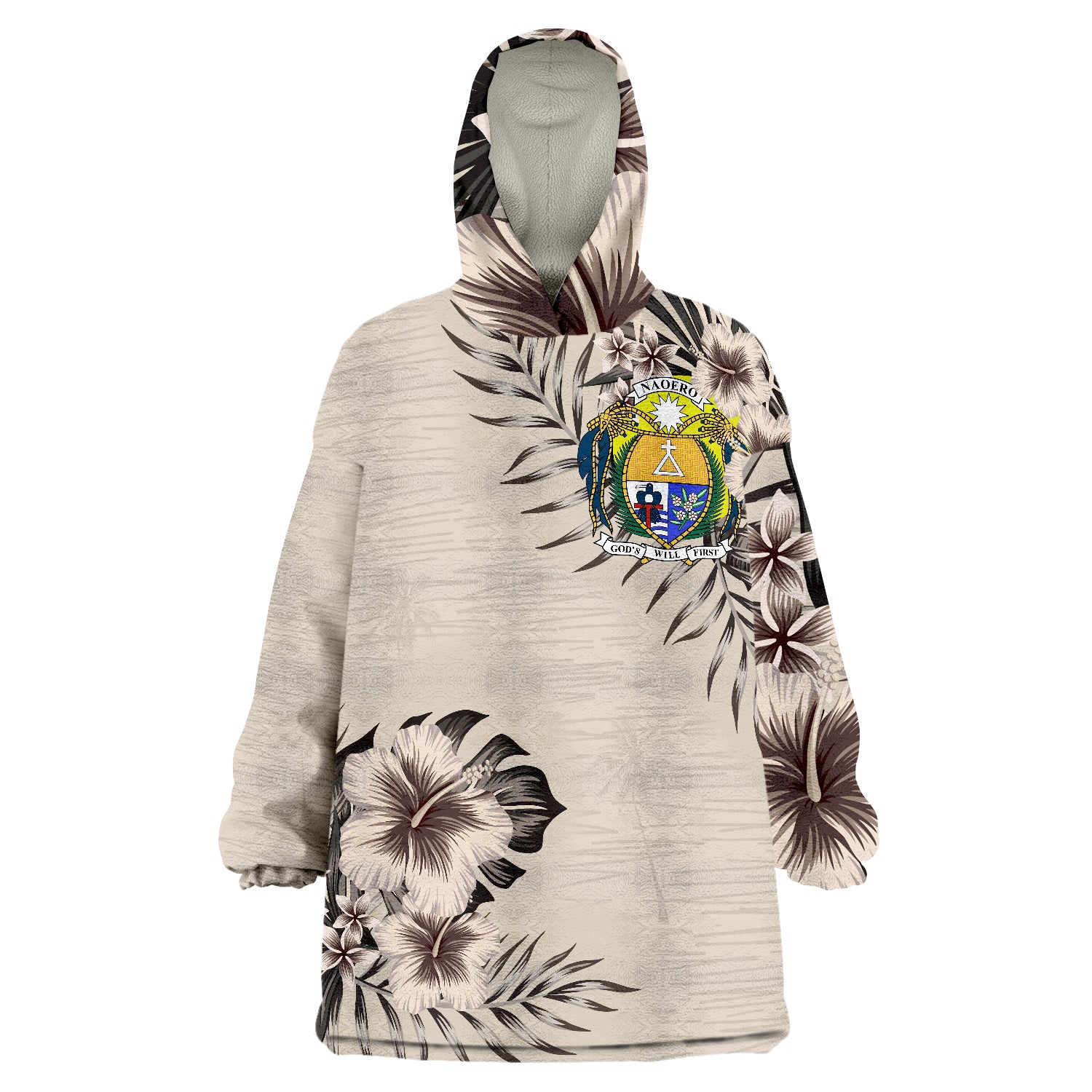 Nauru Flag Beige Hibiscus Wearable Blanket Hoodie LT9 Unisex One Size - Polynesian Pride