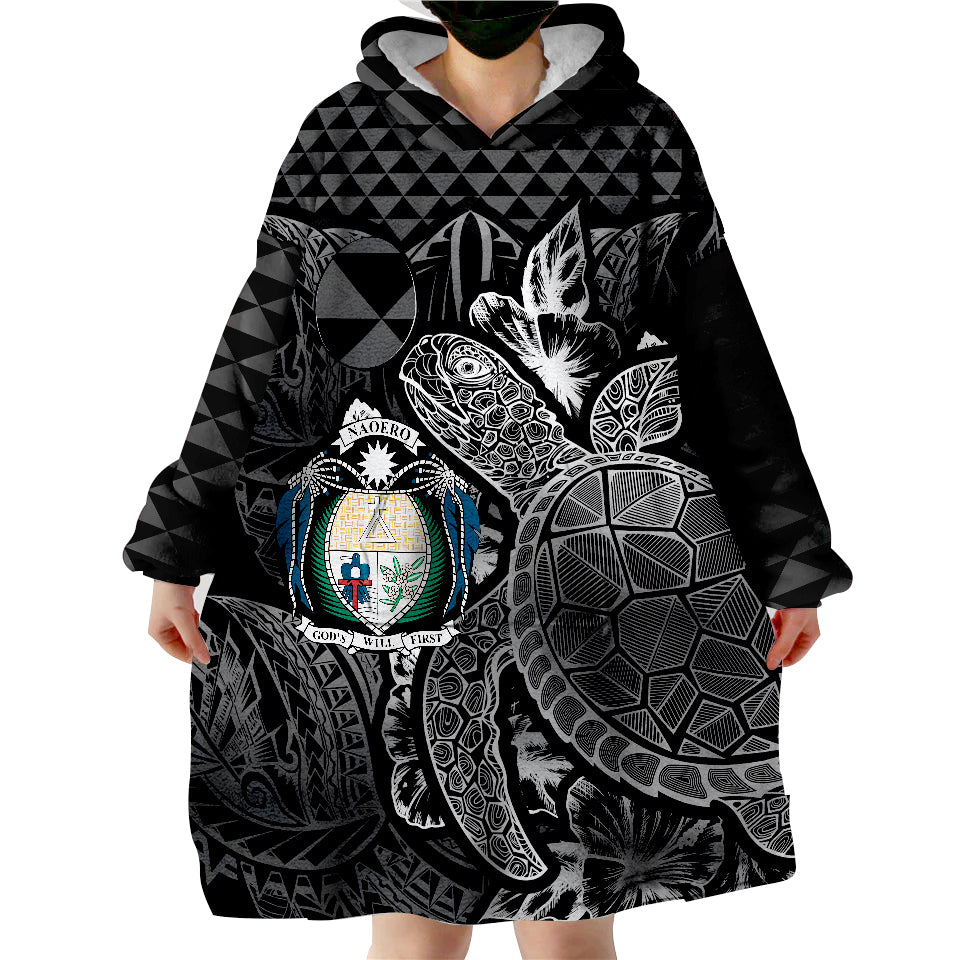 Nauru Flag Turtle Hibiscus Black Wearable Blanket Hoodie LT9 - Polynesian Pride