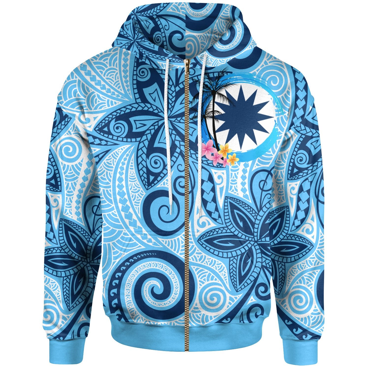 Nauru Zip Hoodie Tribal Plumeria Pattern Unisex Blue - Polynesian Pride