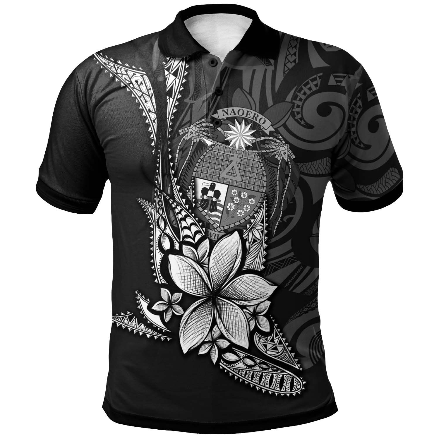 Nauru Polo Shirt Fish With Plumeria Flowers Style Unisex Black - Polynesian Pride