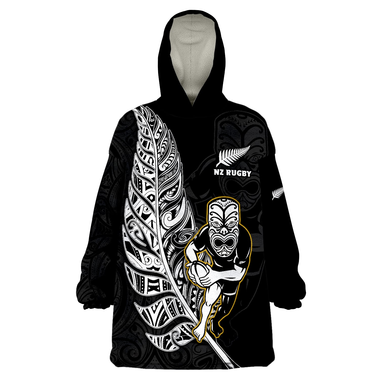 New Zealand Silver Fern Rugby All Black Maori Version Black Wearable Blanket Hoodie LT14 Unisex One Size - Polynesian Pride