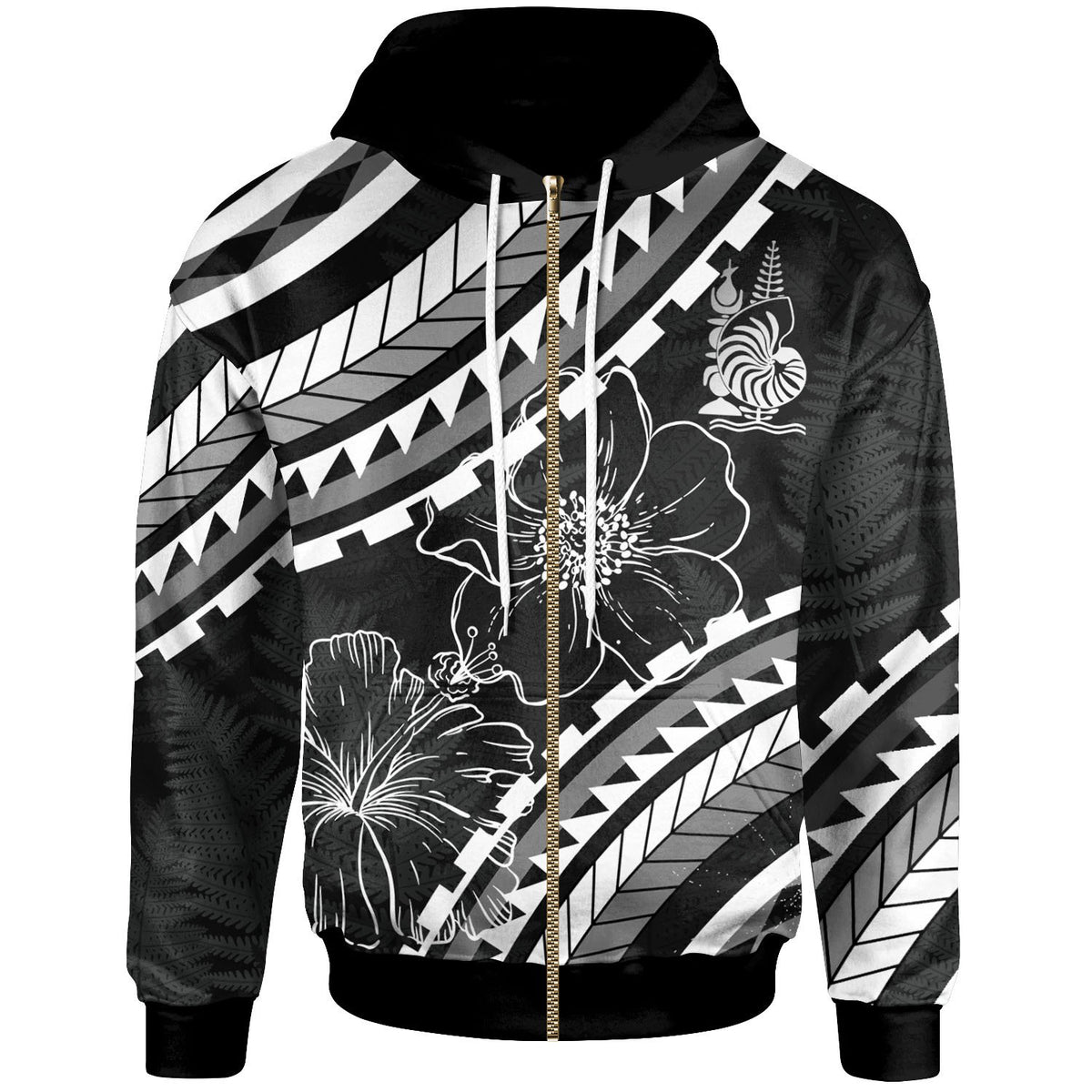 New Caledonia Zip Hoodie Palm Leaf Texture Black Unisex Black - Polynesian Pride