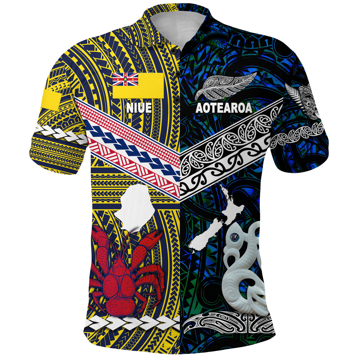 Custom New Zealand Niue Polo Shirt Maori and Polynesian Together Blue, Custom Text and Number LT8 - Polynesian Pride