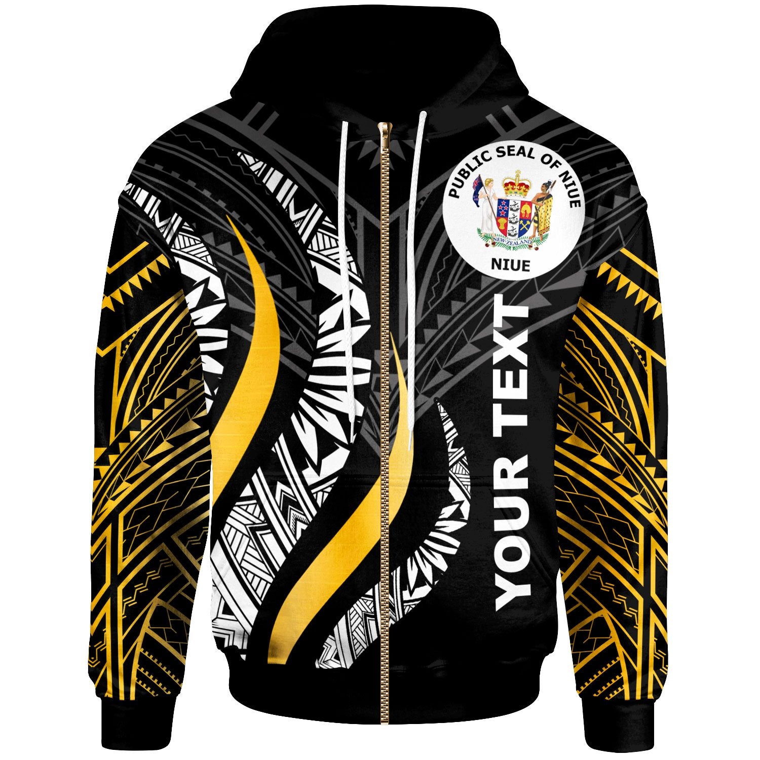 Niue Custom Zip Hoodie Niue Strong Fire Pattern Gold Unisex Gold - Polynesian Pride