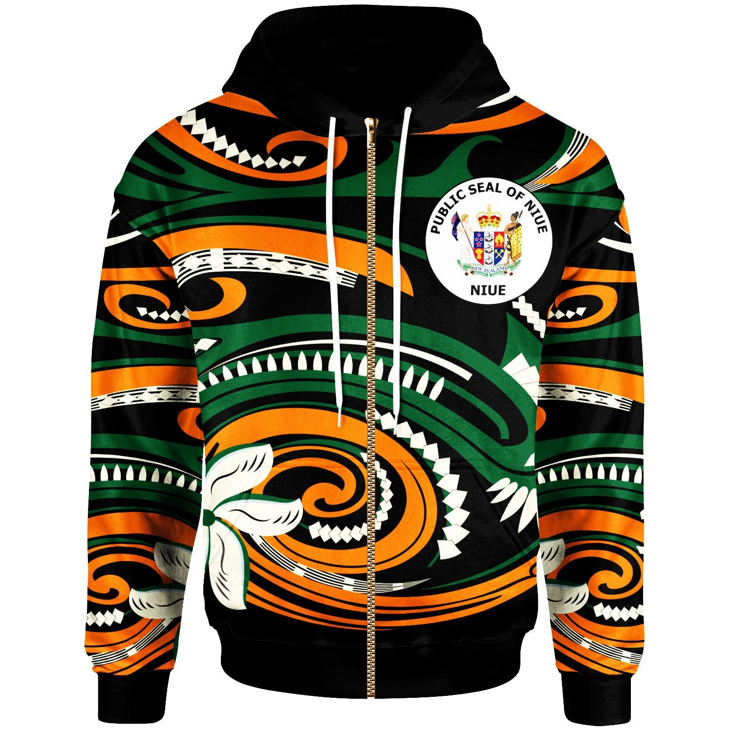 Niue Zip Hoodie Vortex Style Unisex Green Orange - Polynesian Pride