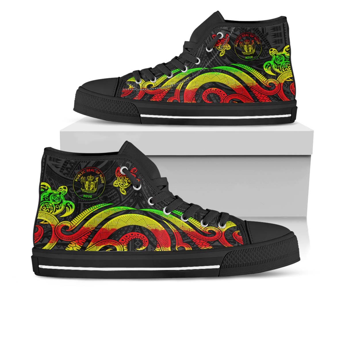 Niue High Top Shoes - Reggae Tentacle Turtle Unisex Black - Polynesian Pride