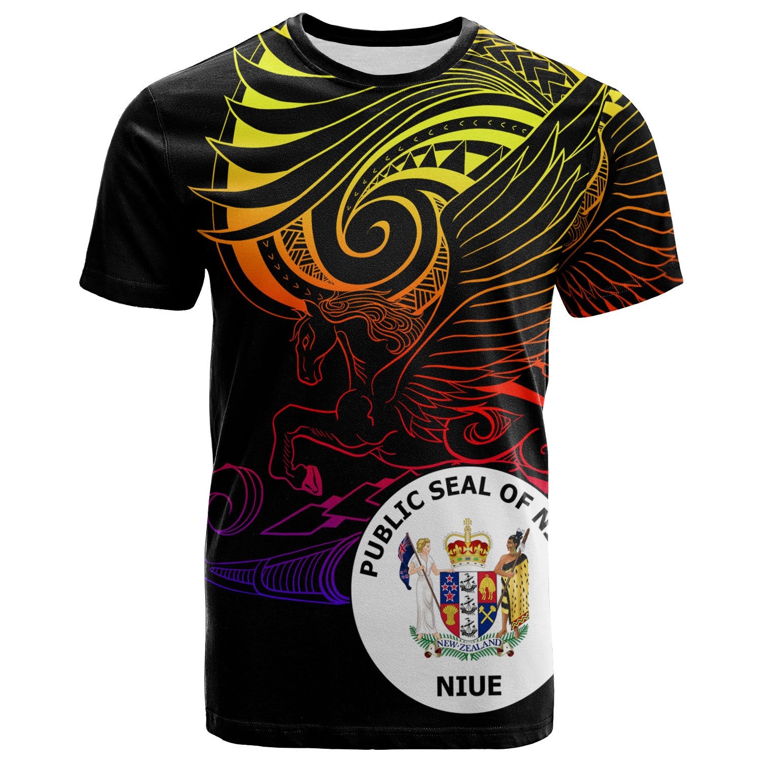 Niue T Shirt Pegasus Gradient Colorful Style Unisex Black - Polynesian Pride