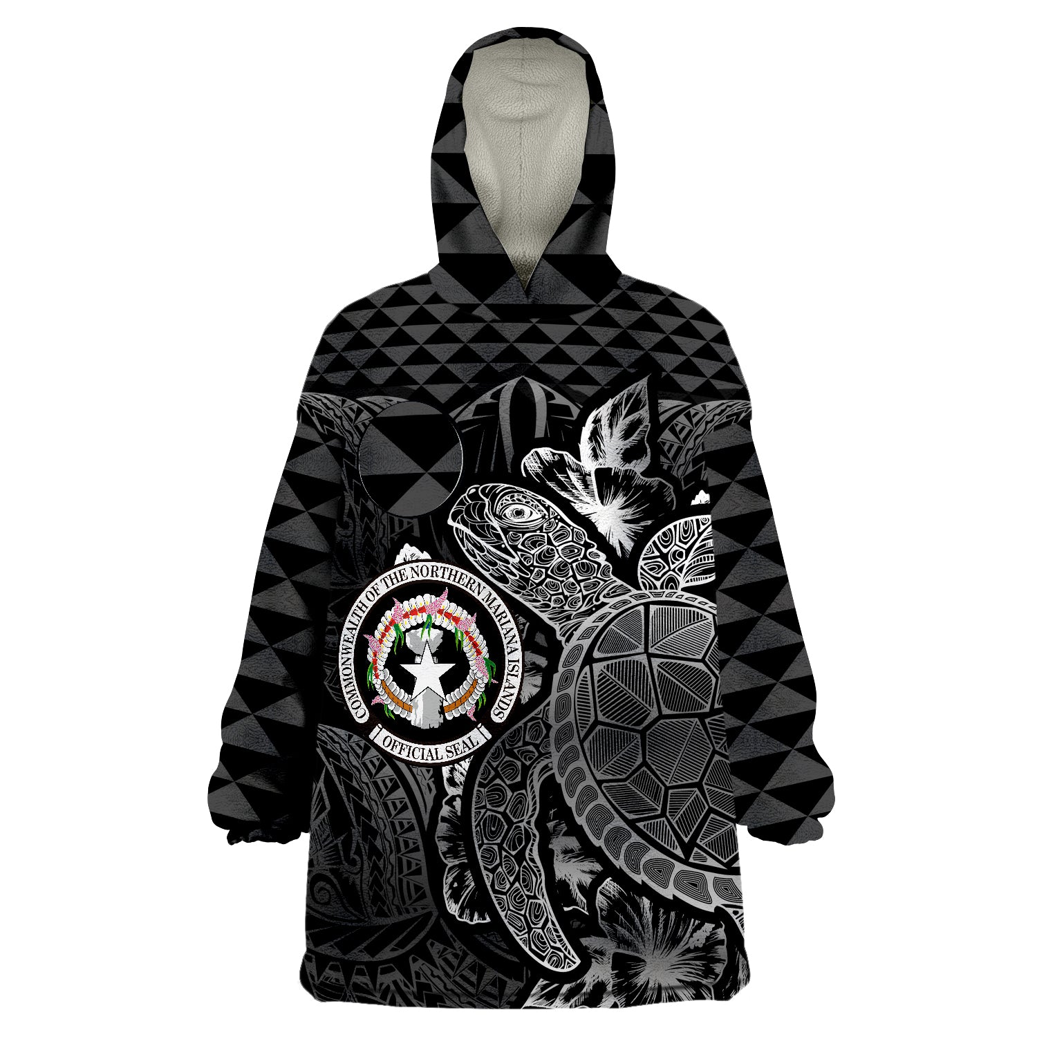 Northern Mariana Islands Flag Turtle Hibiscus Black Wearable Blanket Hoodie LT9 Unisex One Size - Polynesian Pride