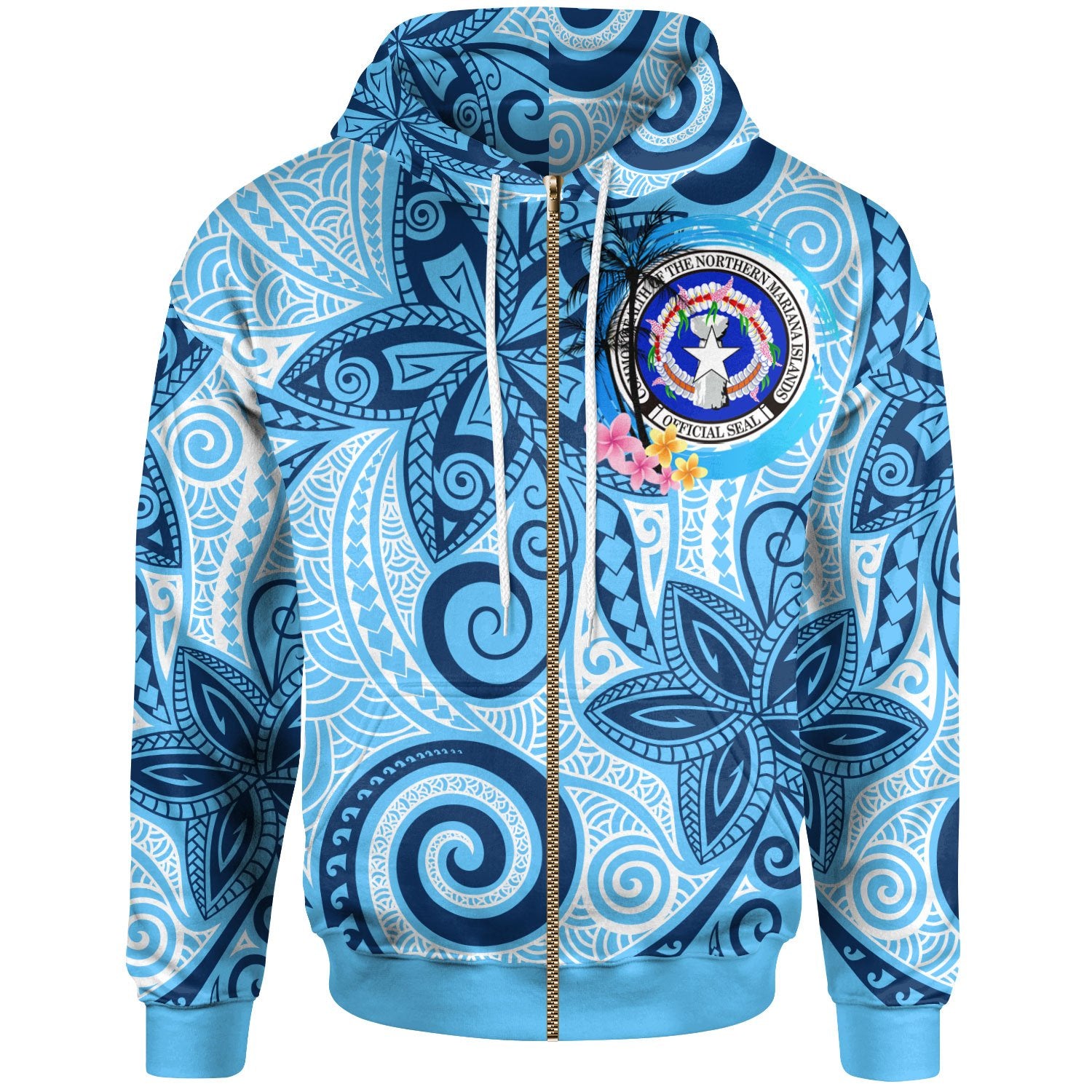 Northern Mariana Islands Zip Hoodie Tribal Plumeria Pattern Unisex Blue - Polynesian Pride