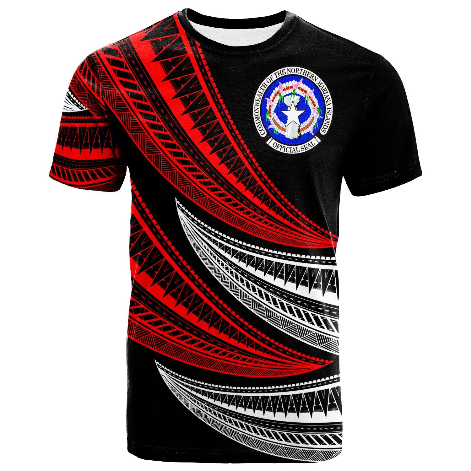 Northern Mariana Islands Custom T Shirt Wave Pattern Alternating Red Color Unisex Black - Polynesian Pride