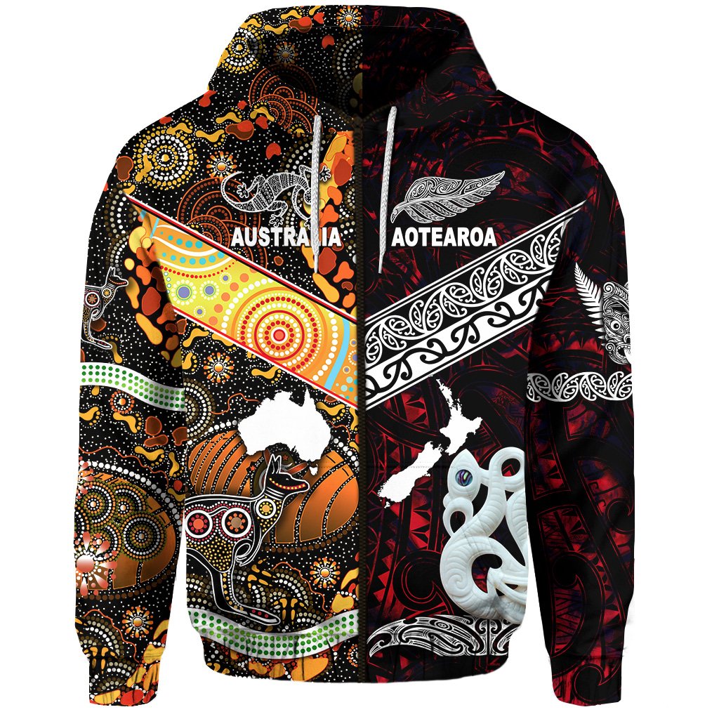 Custom New Zealand Australia Zip Hoodie for Kid Maori and Aboriginal Together Red, Custom Text and Number LT8 - Polynesian Pride
