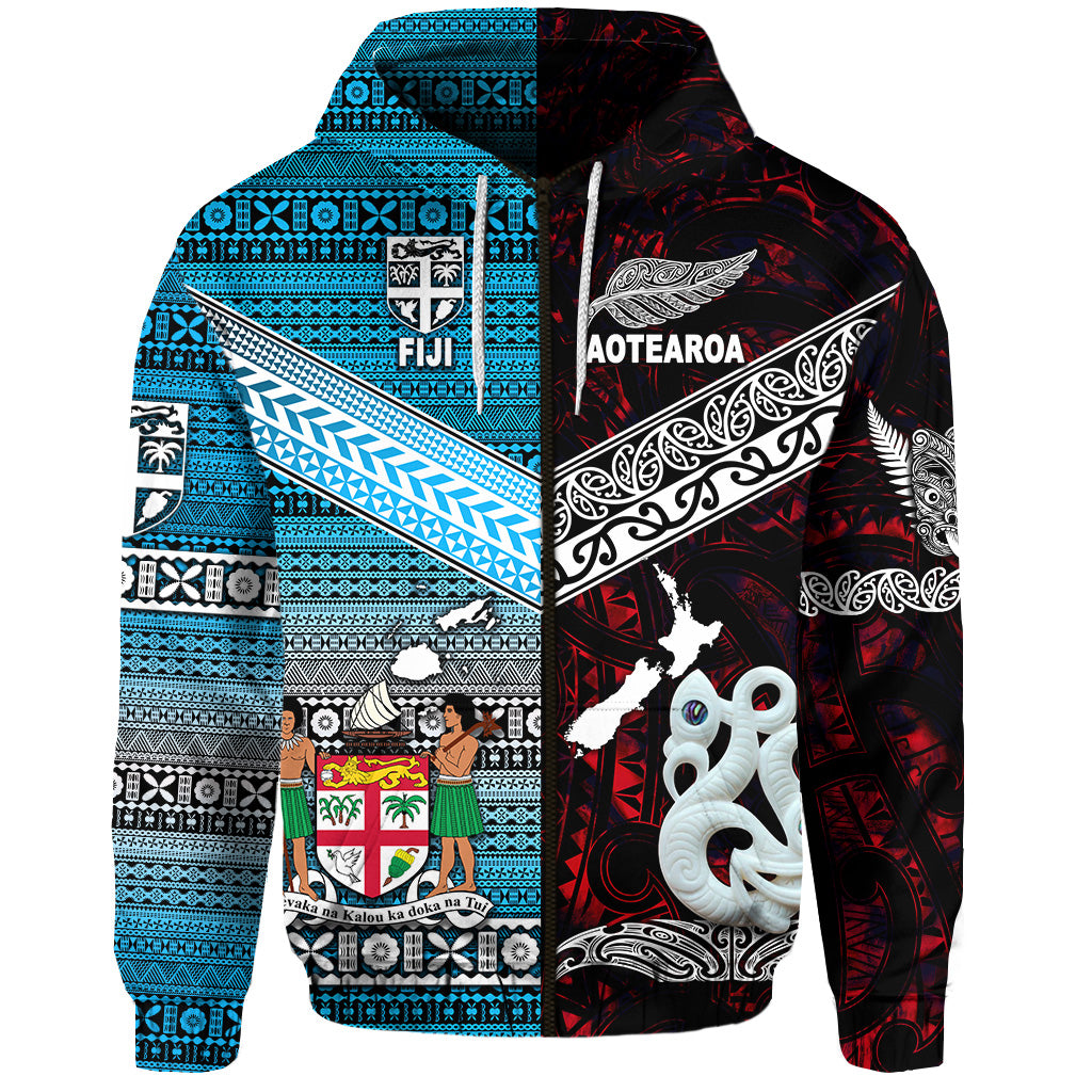 Custom New Zealand Fiji Zip Hoodie Maori and Tapa Together Red, Custom Text and Number LT8 - Polynesian Pride