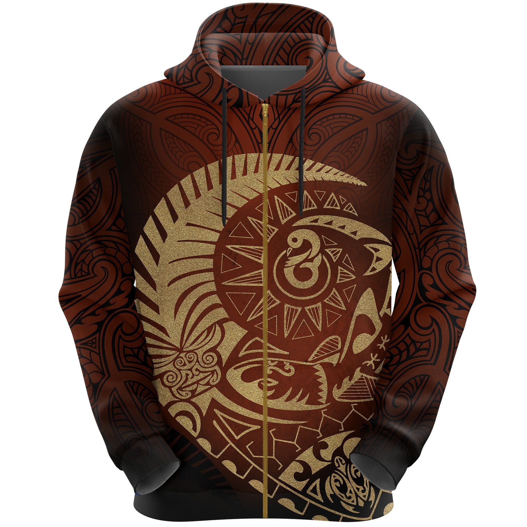 New Zealand Zip Hoodie Maori Warrior Tattoo Tangaroa Unisex Gold - Polynesian Pride