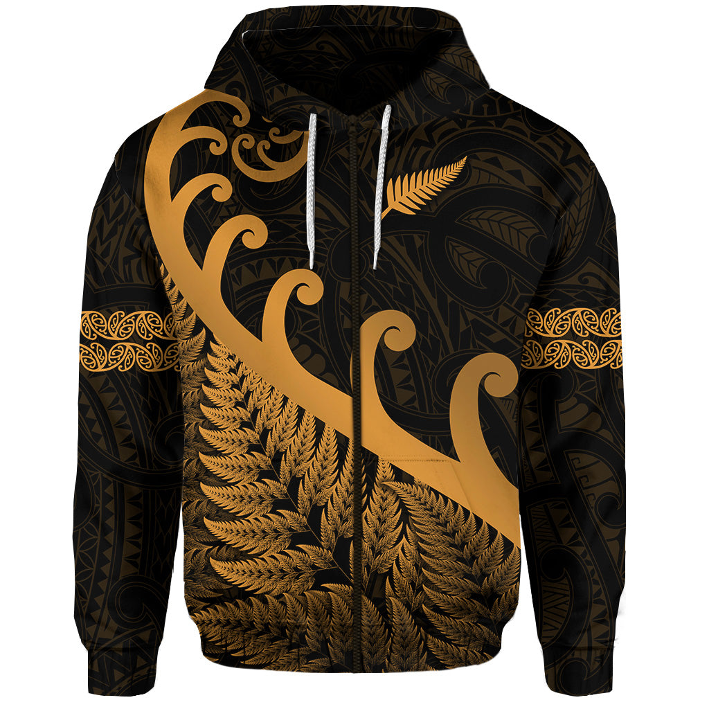 Custom New Zealand Rugby Maori Zip Hoodie Silver Fern Koru Vibes Gold LT8 - Polynesian Pride