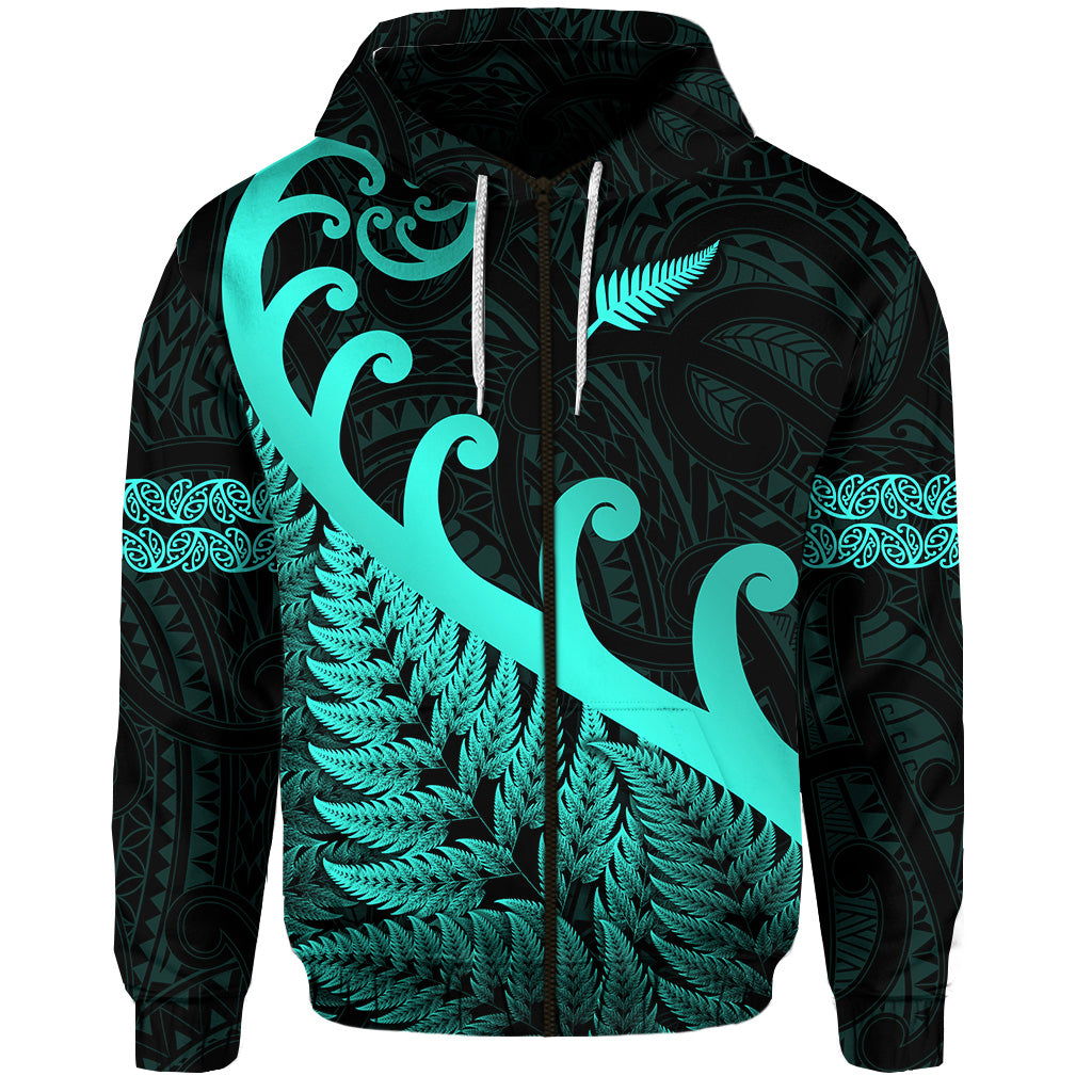 New Zealand Rugby Maori Zip Hoodie Silver Fern Koru Vibes Turquoise LT8 - Polynesian Pride