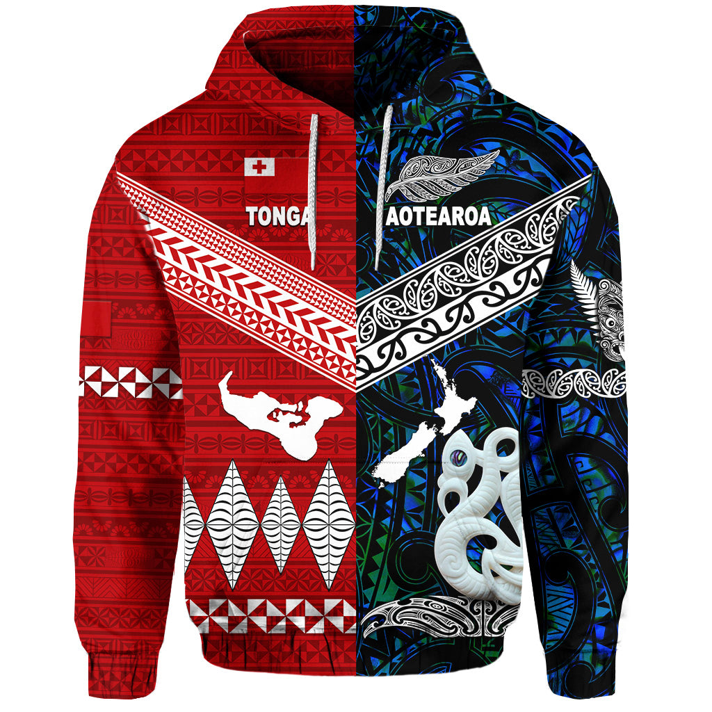 Custom New Zealand Tonga Hoodie Maori and Polynesian Together Blue, Custom Text and Number LT8 - Polynesian Pride