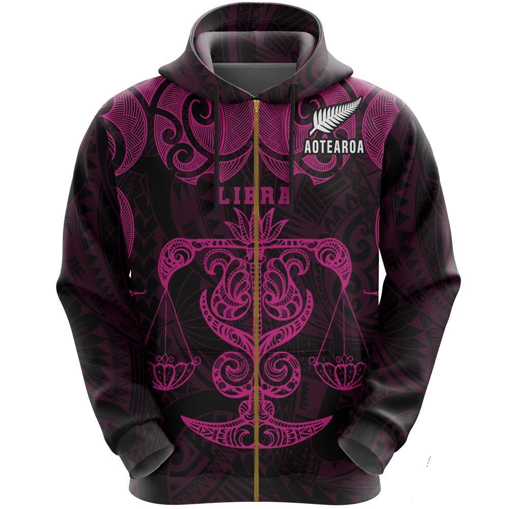 Libra Zodiac Hoodie Maori Tattoo (Zip) Unisex Pink - Polynesian Pride