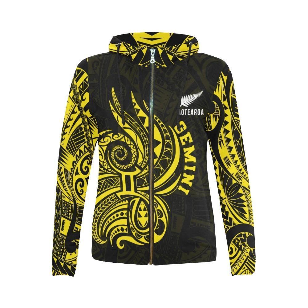 Gemini Zodiac Hoodie (Zip) Aotearoa Maori Tattoo Unisex Yellow - Polynesian Pride