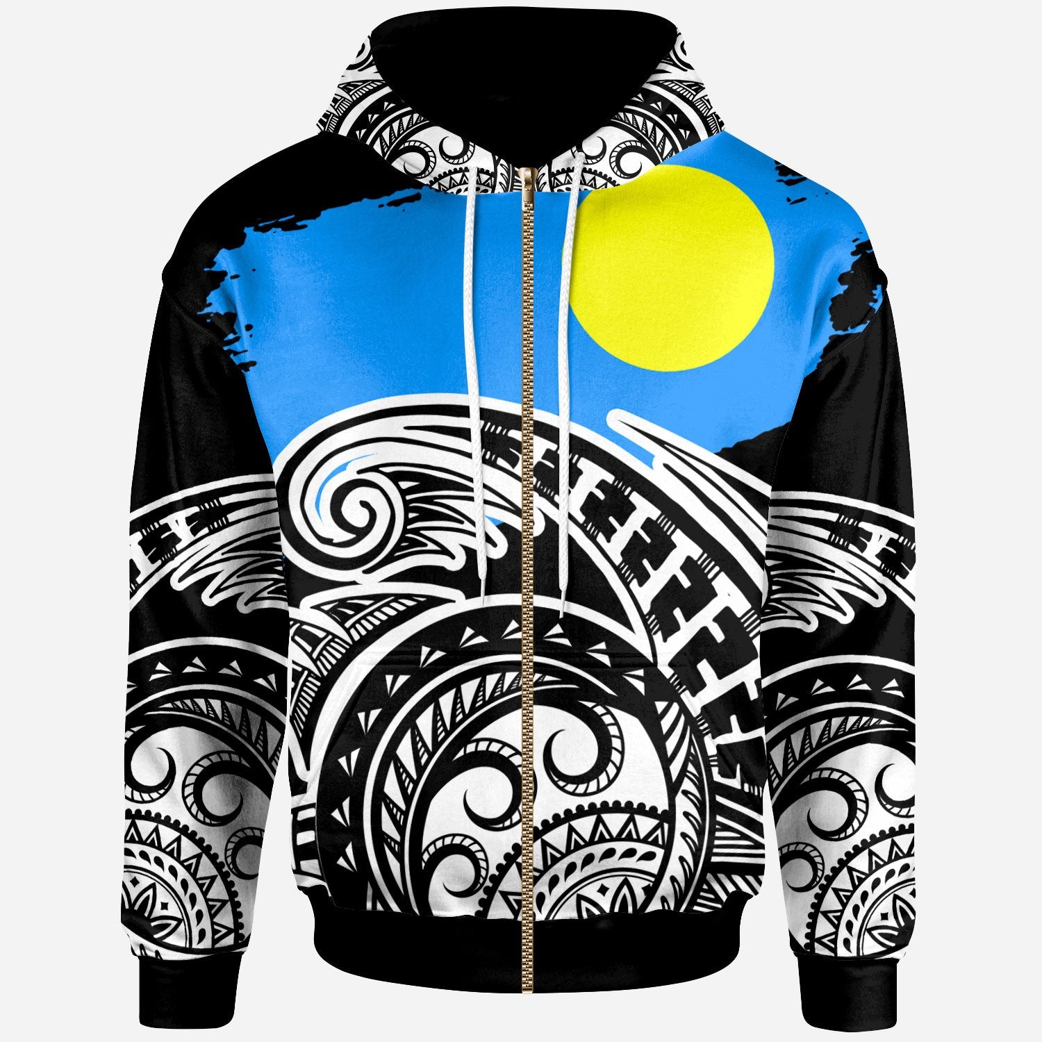 Palau Custom Zip Hoodie Ethnic Style With Round Black White Pattern Unisex Black - Polynesian Pride