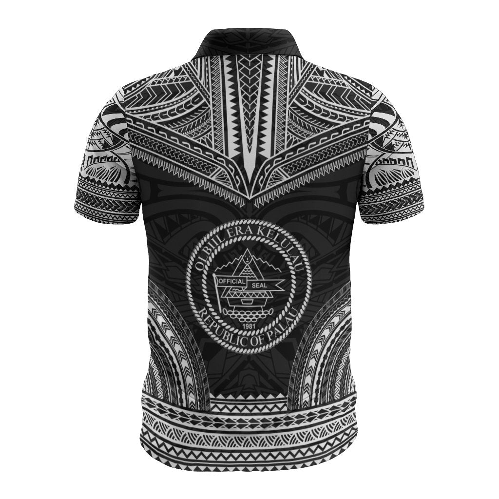 Palau Polo Shirt Palau Seal Polynesian Chief Tattoo Black Version - Polynesian Pride