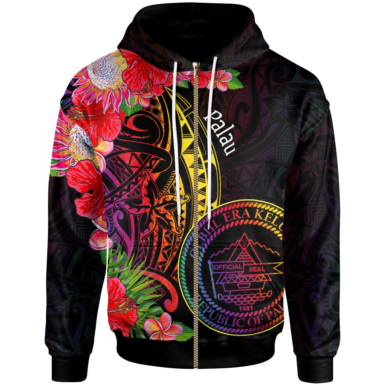 Palau Zip Hoodie Tropical Hippie Style Unisex Black - Polynesian Pride