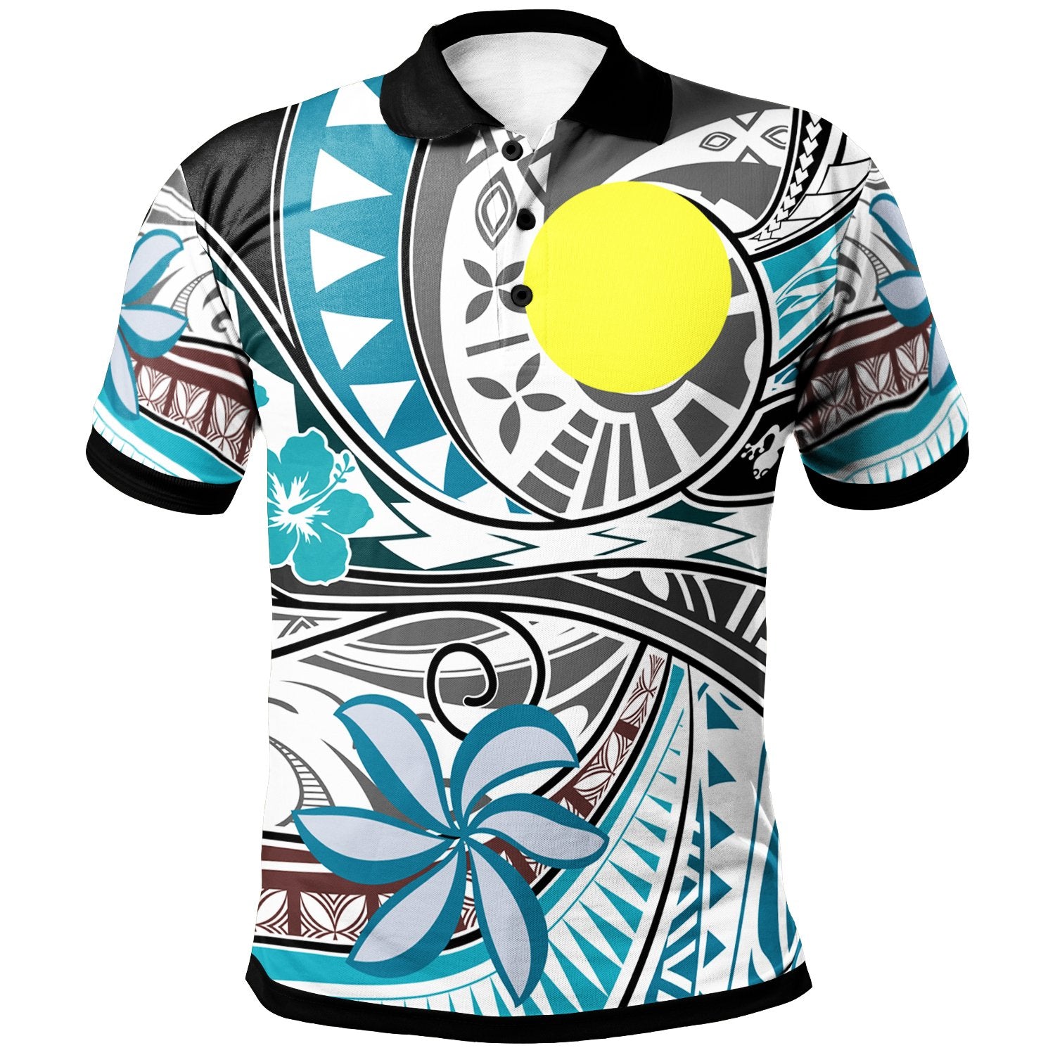 Palau Polo Shirt Flower and Flow Unisex Blue - Polynesian Pride